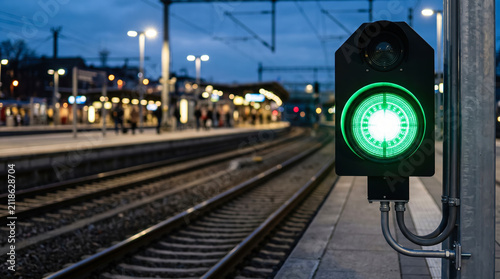 A green signal light stands at a train station. The platform has many people waiting for trains. The sky is darkening as evening comes