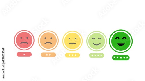 Customer Satisfaction Rating Scale with Emoticons from Red to Green.