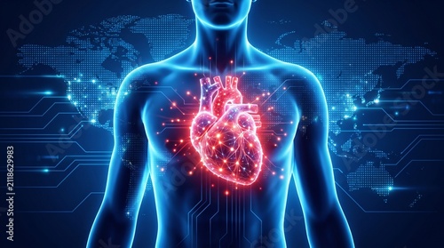 Futuristic AI Medical Technology Visualizing Glowing Human Anatomical Heart with Digital Circuit Map.