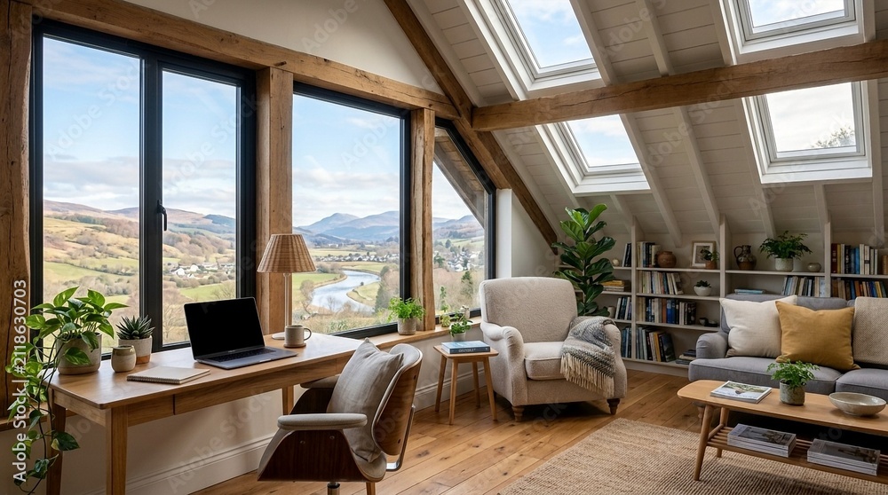 Obraz premium Cozy home office with scenic mountain view, fireplace, and natural light.