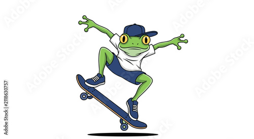 Cool green frog wearing a blue baseball cap and sneakers performs a jump trick on a skateboard against a solid white background.