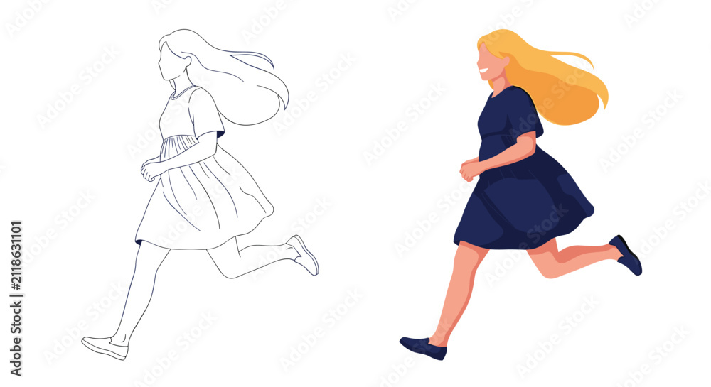 Fototapeta premium Young girl with long blonde hair running in a dark blue dress shown in both a line drawing and a colored flat illustration.