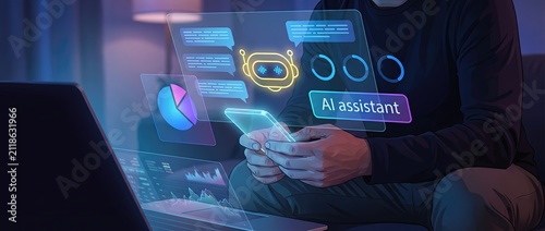 Individual interacting with a smartphone featuring an ai assistant interface in a softly illuminated room highlighting the fusion of technology and contemporary communication in a digital space.
