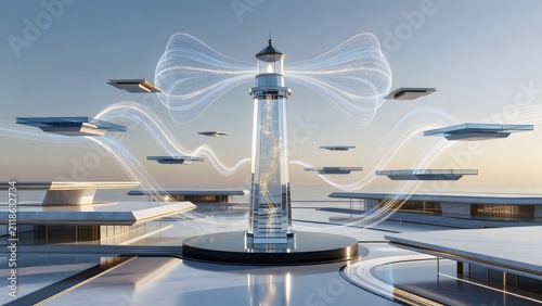 Futuristic lighthouse guiding drones in a clean, modern, and bright environment.