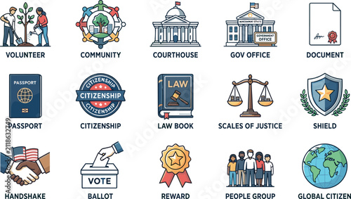 Civics, government, law, and citizenship icons collection featuring volunteer, community, courthouse, gov office, and document symbols.