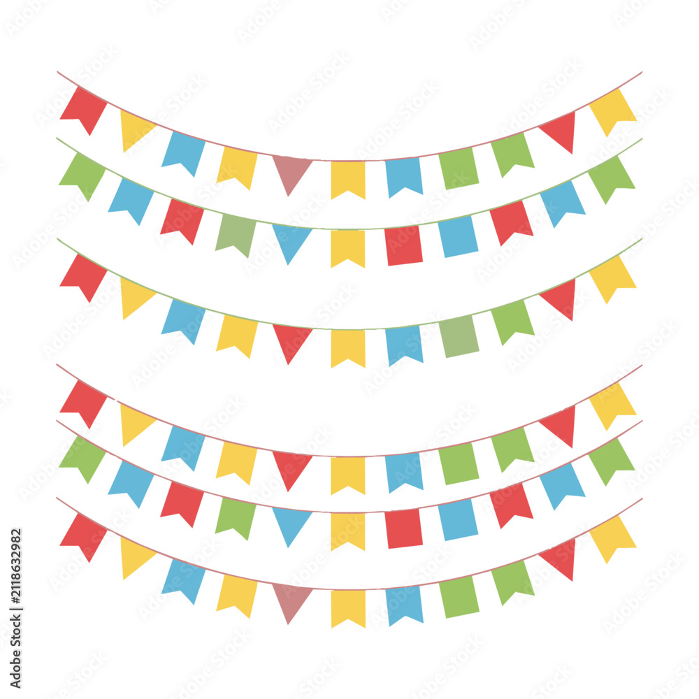 Obraz premium Colorful paper bunting garlands with geometric flags isolated on a white background. Festive celebration concept