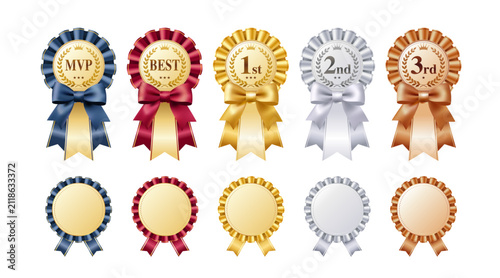 Fotografie Award ribbon rosette vector set with gold silver bronze medals and blank frames