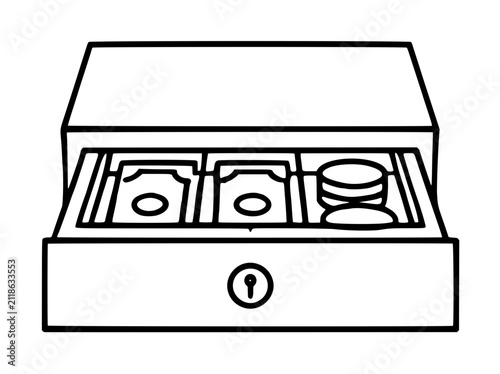 Hand-traced vector icon illustration of an open cash drawer revealing paper banknotes and stacked coins inside a sturdy metallic money box with a front lock
