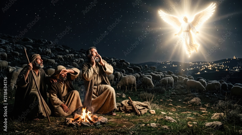 Fototapeta premium Shepherd men witnessing the appearance of an angel at night. Biblical scene from the Gospel of Luke featuring light appearing to shepherds in a field with sheep. Nativity theme.