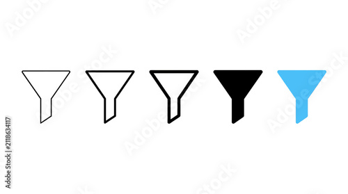 Set of funnel filter icons in line, solid, and blue styles for data sorting, search, and user interface navigation
