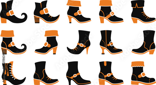 Obraz na płótnie Collection of various halloween witch boot designs featuring black leather and o