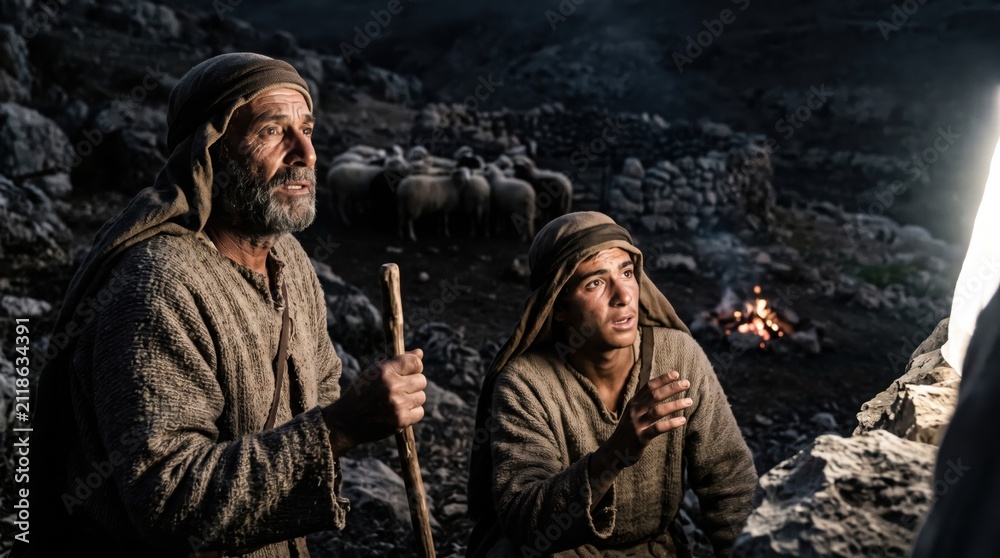 Fototapeta premium Shepherd man and young shepherd witnessing the light of an angel in the night field. Biblical scene of the announcing of the birth of Jesus Christ, Christmas nativity holy event.