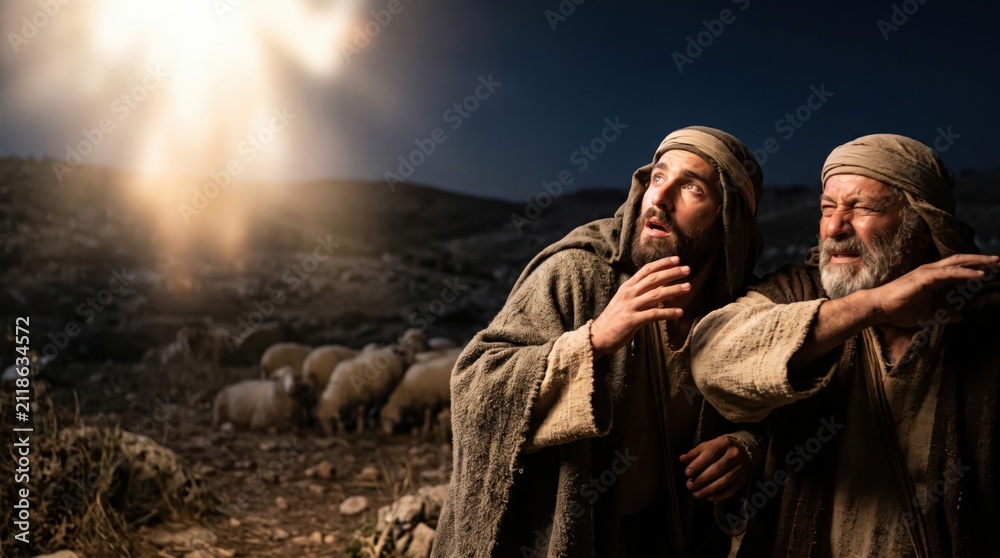 Obraz premium Two shepherds man looking at the shining angel in the night sky. Biblical scene from the Gospel of Luke portraying the announcement of the birth of Jesus Christ. Religious history concept.