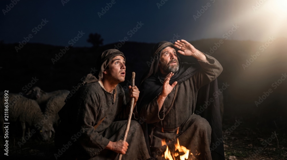 Obraz premium Shepherd watching angel light at night. Biblical scene of men looking at heavens in Bethlehem field. Gospel of Luke story of nativity, religious miracle and faith for church concept.