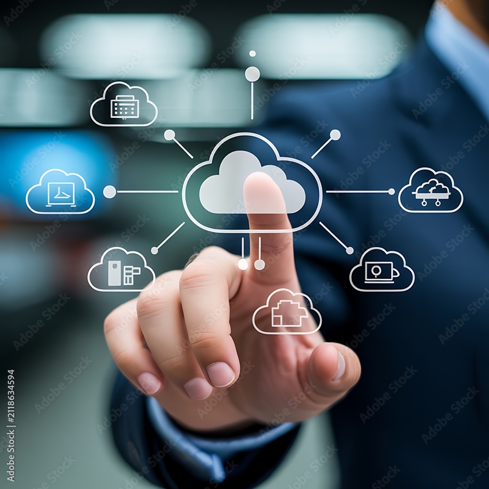 Obraz premium A businessman's finger is touching a central, large glowing blue cloud surrounded by smaller representing various digital services and data, signifying a comprehensive cloud platform