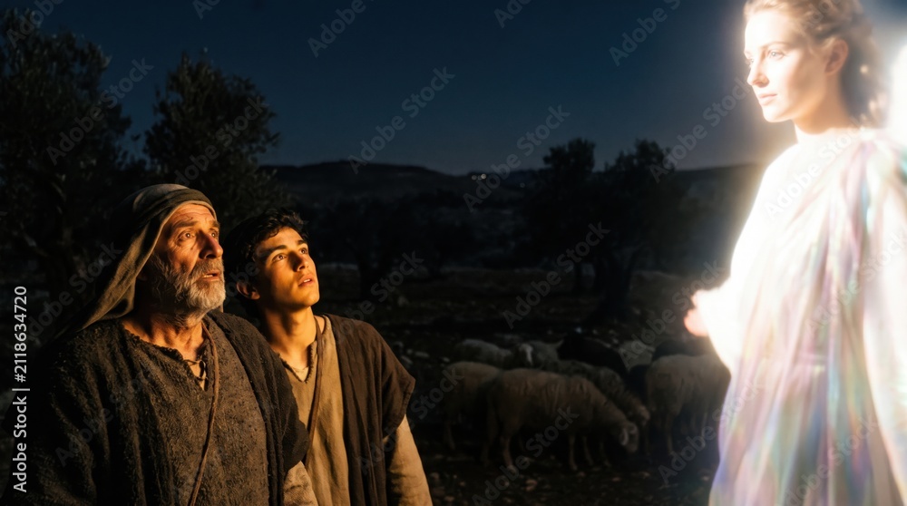 Fototapeta premium Angel appearing to a shepherd man and a young shepherd boy at night on a field. Biblical scene retelling of the birth of Jesus Christ, proclamation of the Messiah, Christian religion.