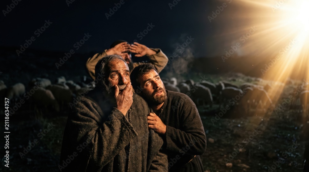 Obraz premium Biblical scene of shepherds in a field witnessing a divine light from an angel. Men looking up in awe and amazement during the Nativity night. Religious history and faith concept.