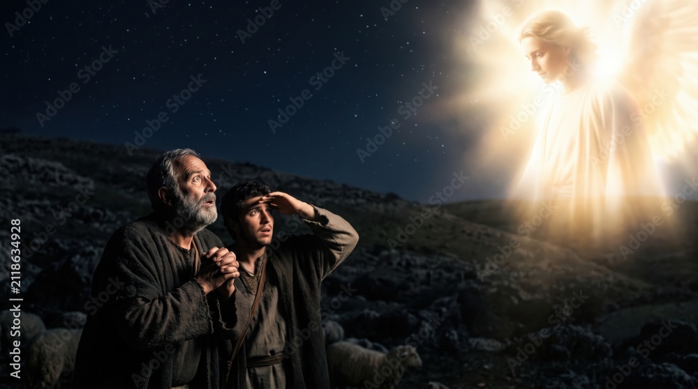Obraz premium Angel appearing to shepherds in the night field. Biblical scene from Luke 2 describing of announcement of Christ birth. Miracle, faith, divine light and religious history concept.