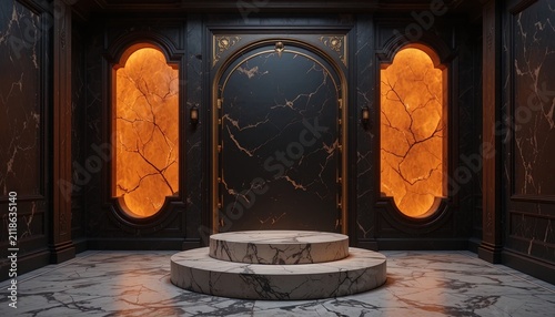 Luxury marble product display podium. Elegant dark interior with glowing orange wall lights.