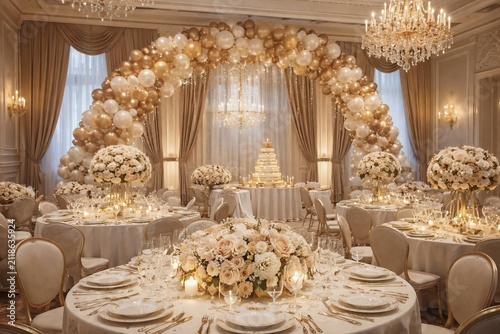 Elegant wedding venue in gold and white with chandeliers and lush floral arrangements, festive event space for birthdays and parties, AI generated