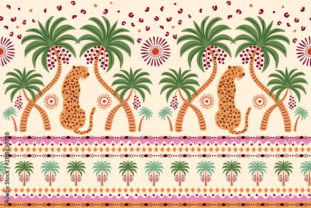Obraz premium Tropical border with palm tree, leopard, symmetric geometric stripes. Summer seamless pattern. Hand drawn ethnic ornament jungle elements, animal skin spots, sun. Vector background, textile design.