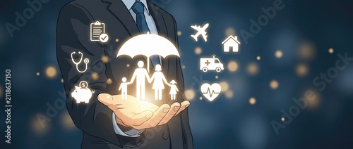 Conceptual image of a businessman holding a glowing umbrella symbolizing family protection and various services like health home and finance in a digital world.