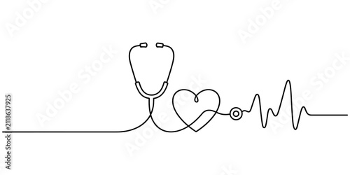 Continuous one line drawing of stethoscope tubing transforming into a healthy heart outline and pulse