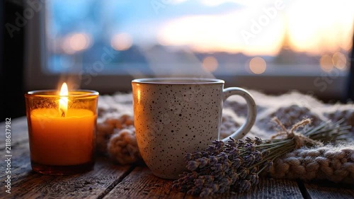 Steaming cup of coffee with a candle and lavender on a wooden table at sunset