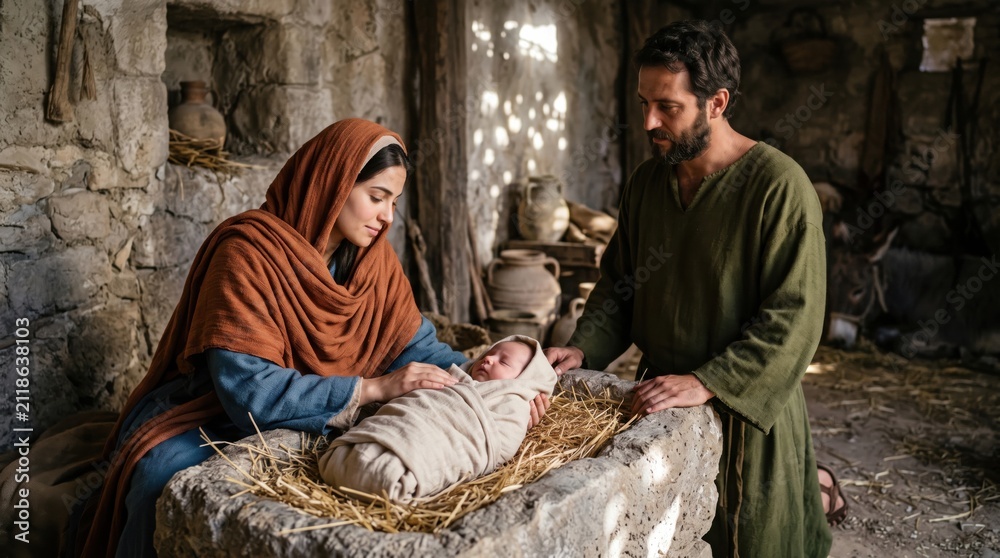 Obraz premium Woman Mary and man Joseph looking at baby Jesus in manger. Biblical nativity scene of holy family in stable at Bethlehem. Christmas religious historical depiction of birth of Christ.