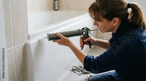Professional Woman Applying Silicone Caulk Sealant to Bathroom Bathtub Edge for Home Renovation and Waterproofing Maintenance Task