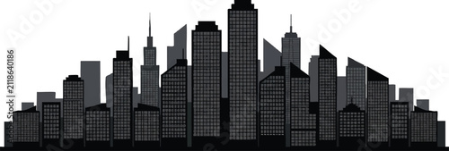 Modern city skyline with sleek skyscrapers at dusk. Minimalist urban architecture vector illustration for corporate branding.