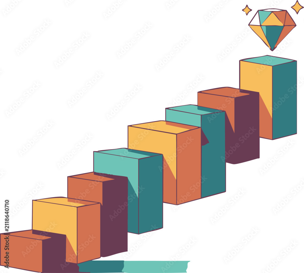 Fototapeta premium A conceptual illustration of a staircase leading up to a sparkling diamond gem icon.