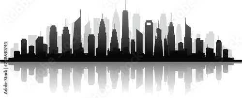 Modern city skyline silhouette at dusk. Minimalist urban landscape vector with clean lines and horizon glow.