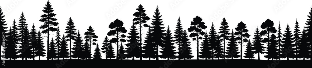 Obraz premium Minimalist forest tree line border illustration. Silhouette evergreen pine spruce vector artwork for design projects.