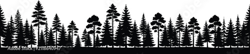 Minimalist forest tree line border illustration. Silhouette evergreen pine spruce vector artwork for design projects.