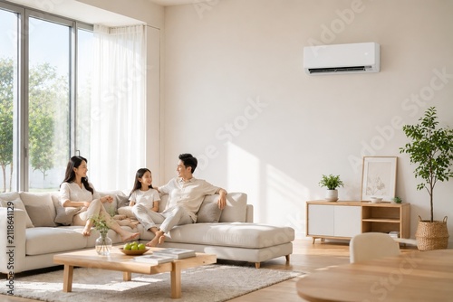 Happy family relaxing under wall mounted air conditioner in bright modern living room with copy space