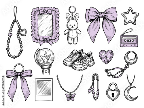 K-pop idol fan accessory collection, korean fashion charms, hand drawn black ink sketch, isolated set
