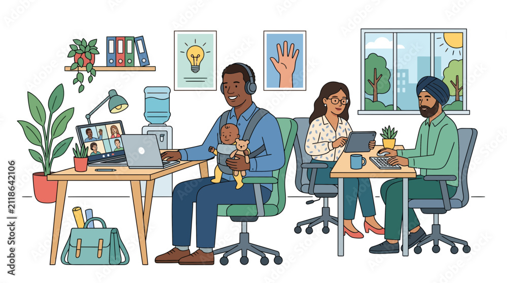 Obraz premium Diverse people working remotely in a modern office, balancing work and childcare