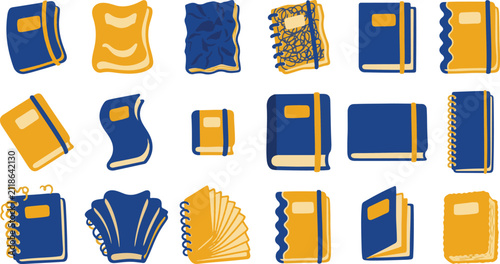 Collection of various blue and yellow notebooks for school supplies and teacher's day celebration design elements