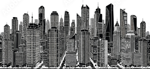 Modern city skyline at dusk with illuminated skyscrapers. Urban downtown vector illustration featuring futuristic architecture and glowing windows.