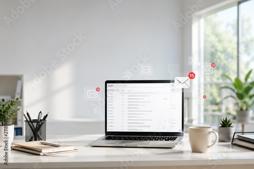 Minimal office desk with laptop email inbox and floating notification icons, bright workspace for digital communication and email overload concept