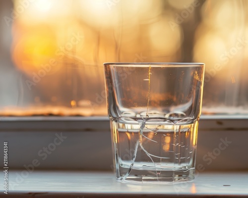 Clear drinking glass filled with water on a windowsill with warm golden sunset bokeh