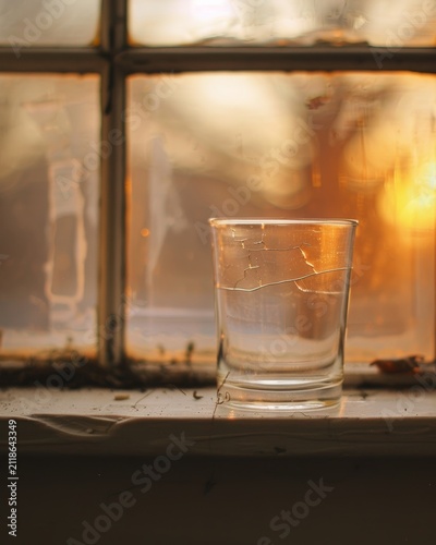 Single clear drinking glass on a weathered windowsill bathed in warm golden hour sunlight through old window panes