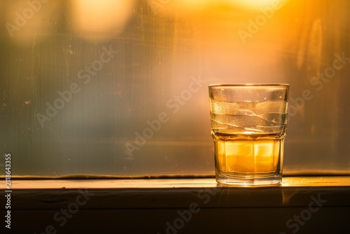Lowball glass of amber whiskey on a windowsill at golden sunset with warm bokeh background