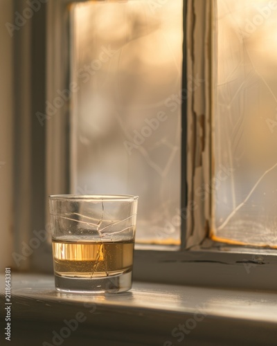 Single glass of amber whiskey on a windowsill with warm golden sunlight through textured leaded window