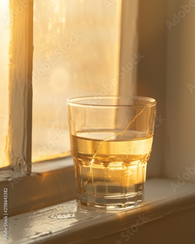 Tumbler glass of amber whiskey on a sunlit windowsill with warm golden light, soft bokeh and a cozy indoor still life atmosphere