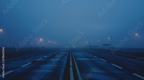 Empty railway tracks at night in dense blue fog, distant platform lights fading into atmospheric haze