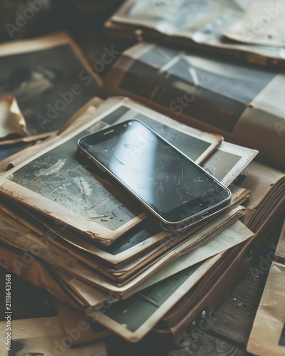 Smartphone resting on a stack of old faded printed photographs and vintage envelopes on a dusty wooden table