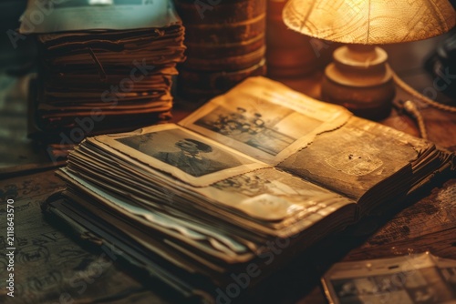 Vintage family album open on wooden table with sepia photographs, stacked letters and a warm lamp creating a nostalgic still life