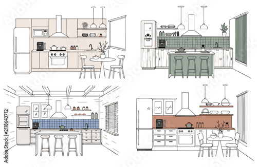 Modern Kitchen Interior Collection Flat Vector Illustration Set
